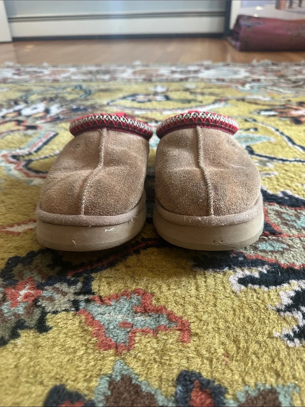 UGG Kids Tan Suede Slip-On Shoes with Red Trim